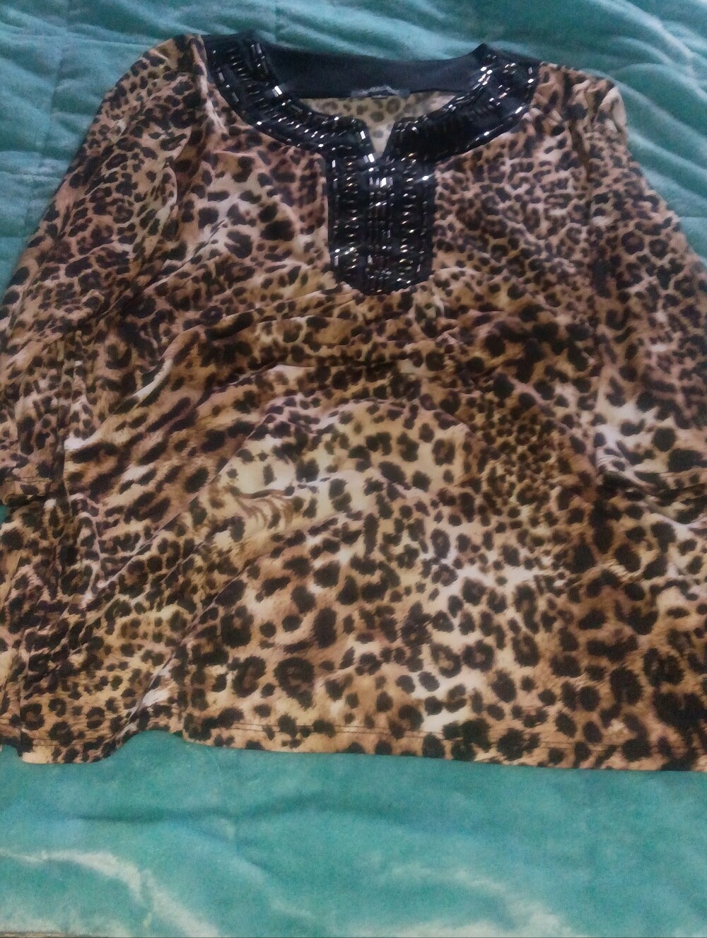 Notations Leopard-Print Blouse with Black Beaded Trim